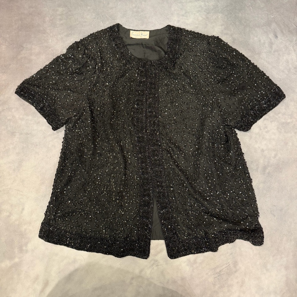 Laurence Kazar Black Beaded Short-Sleeve Evening Top